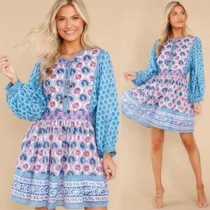 NWT Oliphant Tuckernuck Tie Front Balloon Mini Dress Iris Blue Block Print Large